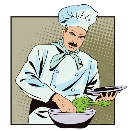 Stock illustration. People in retro style. Presentation template. The cook prepares food.のイラスト素材