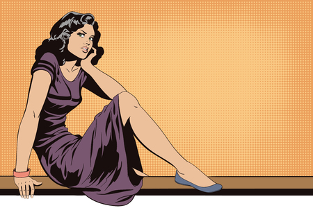 Stock illustration. People in retro style. Presentation template. Cute girl sitting on the railing.のイラスト素材