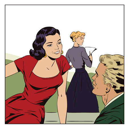 Stock illustration. People in retro style pop art and vintage advertising. Loving couple in office. Young woman is jealous.のイラスト素材