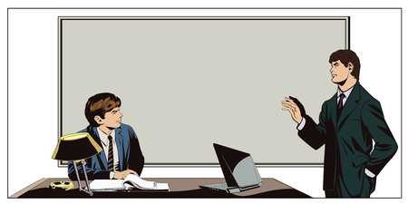 Stock illustration. People in retro style pop art and vintage advertising. Businessman talking something a colleague.のイラスト素材