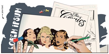 Stock illustration. People in retro style. Presentation template. Portret of three young beautiful woman. Hand paints picture.のイラスト素材