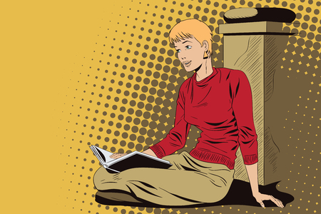 Stock illustration. People in retro style. Presentation template. Girl is reading book on terrace of house.のイラスト素材