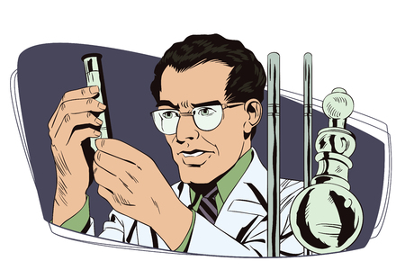 Cool Stock illustration. People in retro style. Presentation template. Scientist working at the laboratoryのイラスト素材