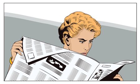 Stock illustration. People in retro style pop art and vintage advertising. Surprised girl with a newspaper.のイラスト素材
