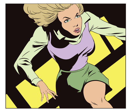 Stock illustration. People in retro style pop art and vintage advertising. Scared woman running.のイラスト素材