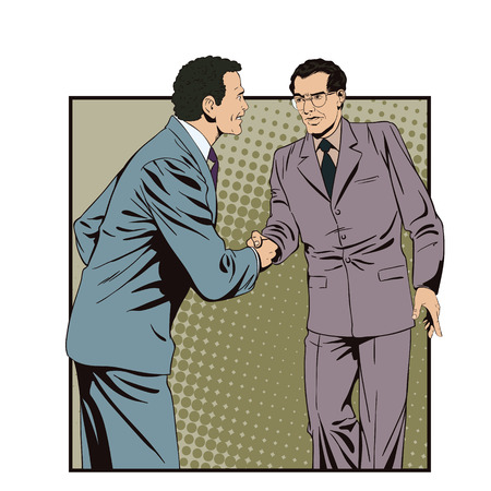 Stock illustration. People in retro style pop art and vintage advertising. Two business man shaking hands.のイラスト素材