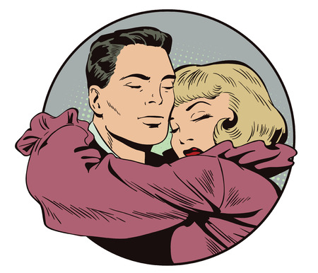 Stock illustration. People in retro style pop art and vintage advertising. Loving couple.のイラスト素材