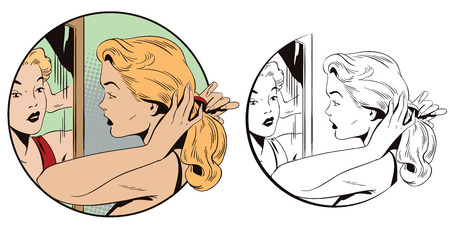 Stock illustration. People in retro style pop art and vintage advertising. Girl combing her hair near mirror.のイラスト素材