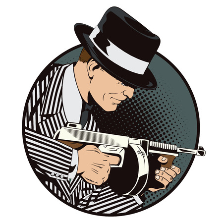 Stock illustration. People in retro style pop art and vintage advertising. Man with machine gun.のイラスト素材