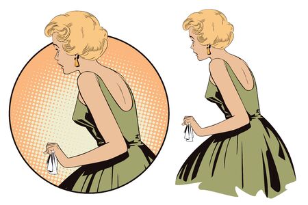 Stock illustration. People in retro style pop art and vintage advertising. Beautiful girl in shock.のイラスト素材