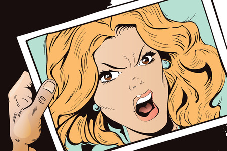 Stock illustration. People in retro style. Presentation template. Young beautiful woman screams in fury. Hand with photo.のイラスト素材