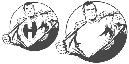 Stock illustration. People in retro style pop art and vintage advertising. Man acting like a superheroのイラスト素材