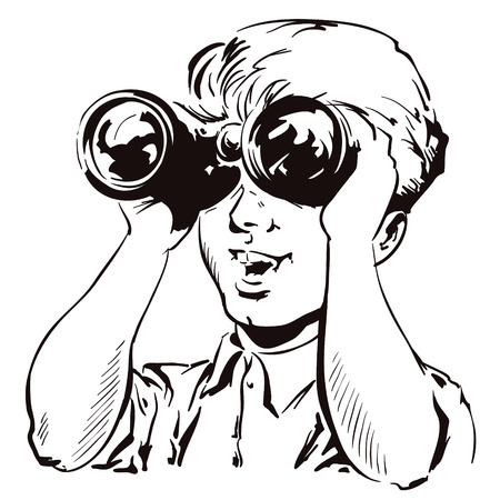 Stock illustration. People in retro style pop art and vintage advertising. Boy with binoculars.のイラスト素材