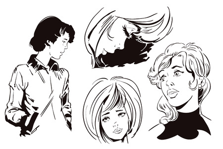 Stock illustration. People in retro style pop art and vintage advertising. Set sad girls.のイラスト素材