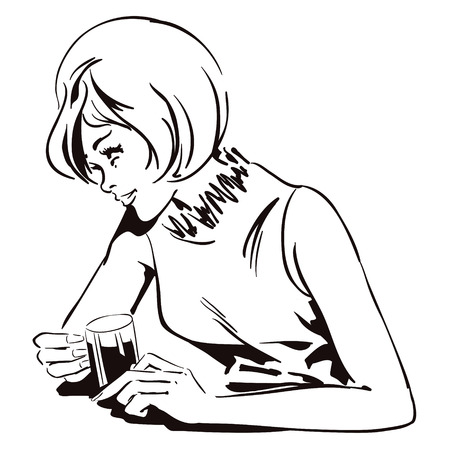 Stock illustration. People in retro style pop art and vintage advertising. Girl with a drink.のイラスト素材