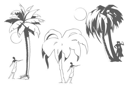 Vector illustration. People under palm trees. Rest by sea.のイラスト素材