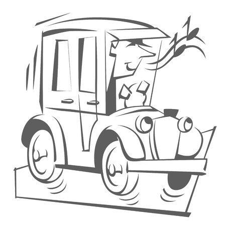 Stock illustration. People in retro style pop art and vintage advertising. Funny driver in car.のイラスト素材