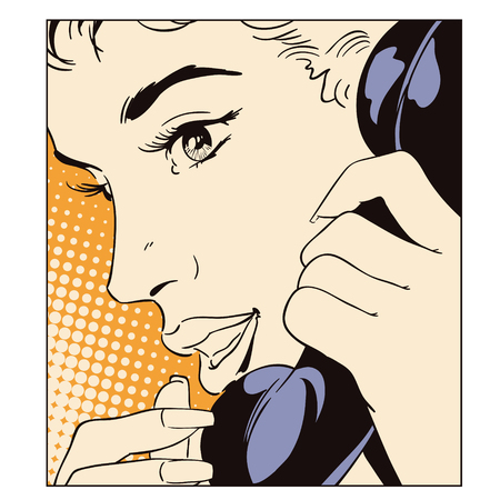 Stock illustration. People in retro style pop art and vintage advertising. Girl with telephone.のイラスト素材