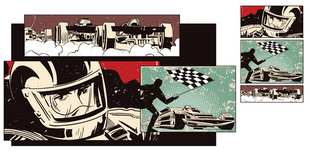 Stock illustration. People in retro style pop art and vintage advertising. Collage on theme sport and car racing.のイラスト素材