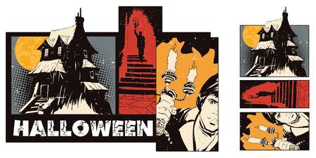 Stock illustration. People in retro style pop art and vintage advertising collage on Halloween theme.のイラスト素材
