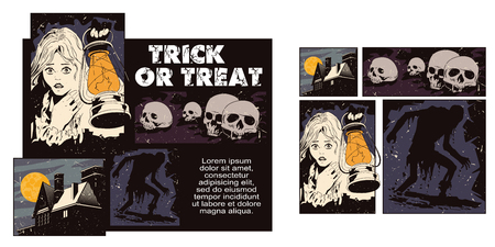 Stock illustration. People in retro style pop art and vintage advertising. Collage on theme halloween.のイラスト素材