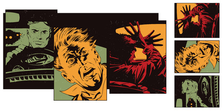 Comic style pop art and vintage illustration of a man at the wheel of car.のイラスト素材