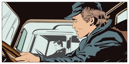 Stock illustration. People in retro style pop art and vintage advertising. Collage on theme transport and road. Males at the wheel of trucks.のイラスト素材