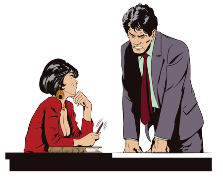 Stock illustration. People in retro style. Presentation template. Woman is flirting with a guy at work.