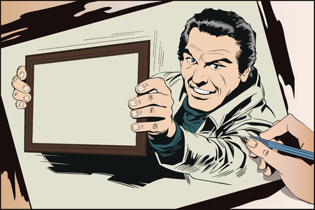 Stock illustration. People in retro style pop art and vintage advertising. Portrait of confident macho. Man with sign.のイラスト素材