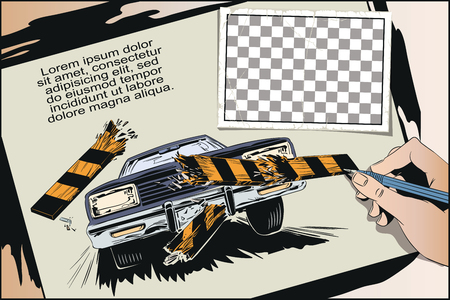 Stock illustration. People in retro style pop art and vintage advertising.  Car breaking fence barrier.のイラスト素材