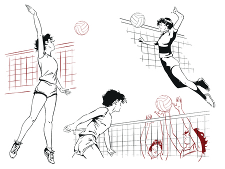 Stock illustration. People in retro style pop art and vintage advertising. Set of volleyball players.のイラスト素材
