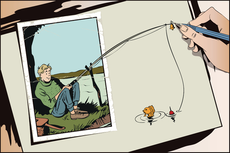 Stock illustration. People in retro style pop art and vintage advertising. Funny fisherman with fishing rod.のイラスト素材