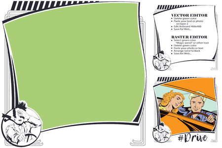 Frame for scrapbook, banner, sticker and other design. Suitable for web, social network and online store. Vector illustration. Frightened driver at wheel closed his eyes with his hand.のイラスト素材