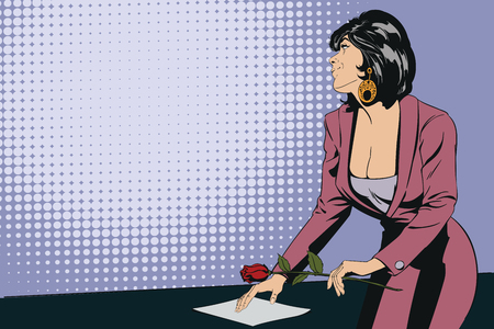 Stock illustration. People in retro style pop art and vintage advertising. Romantic girl with a rose.のイラスト素材