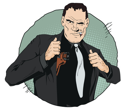 Stock illustration of a Confident cool man with gun and green circle backdropのイラスト素材
