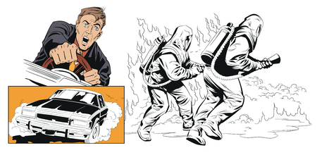 Stock illustration. People in retro style pop art and vintage advertising. Collage on theme car accident. Rescuer in protective suit.のイラスト素材