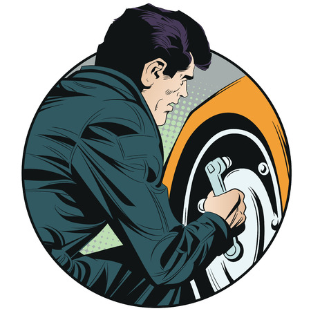Stock illustration. Mechanic unscrews wheel of machine isolated on a white backgroundのイラスト素材