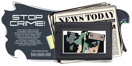 Stock illustration. People in retro style pop art and vintage advertising. Crime collage. Woman victim of criminal.のイラスト素材