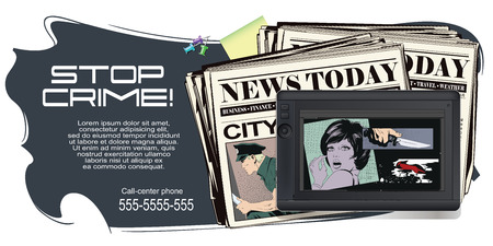 Stock illustration. People in retro style pop art and vintage advertising. Crime collage. Woman victim of criminal.のイラスト素材