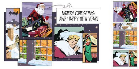 Stock illustration. People in retro style pop art and vintage advertising. Collage on theme christmas and new year.のイラスト素材