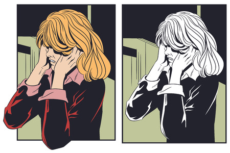 Stock illustration. Frightened woman covering her face hands. のイラスト素材