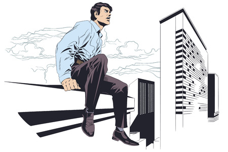 Stock illustration. Businessman sitting on rooftop. Happiness of freedom.のイラスト素材