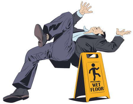 Stock illustration. Man falls on wet floor. Warning sign.のイラスト素材