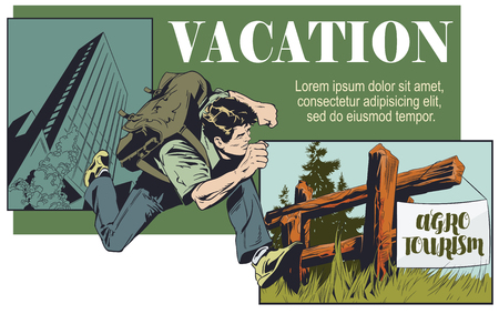 Vector. Stock illustration. Man on vacation in village. Nature recreation. Agrotourism. Ecotourism.のイラスト素材