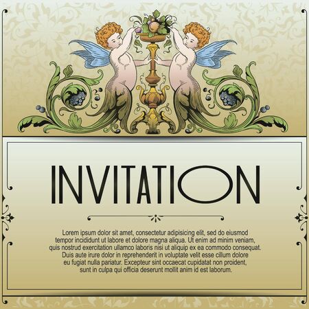 Abstract background with antique vintage frame, victorian banner,  invitation card, baroque style booklet, template for design. Wedding invitation.のイラスト素材