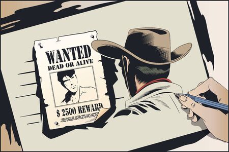 Vector. Stock illustration. Cowboy is considering a criminal wanted ad.のイラスト素材
