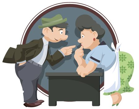 Vector. Stock illustration. Funny little people. Man talking to surprised woman.のイラスト素材