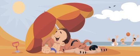 Vector. Stock illustration. Funny people. Beach story. Boy and dog in shadow of an umbrella.のイラスト素材