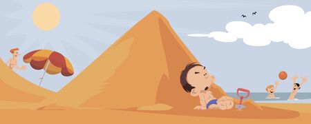 Vector. Stock illustration. Funny people. Beach story. Boy on sand.のイラスト素材