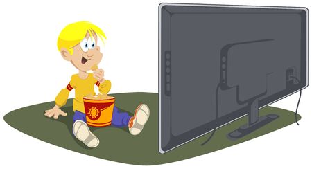 Vector. Stock illustration. Child watches TV and eats chips.のイラスト素材
